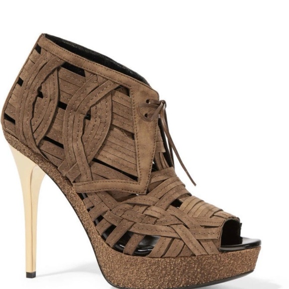 BURBERRY Women's Brown Peep Toe DARFIELD desert woven suede ankle boots 38 / 8 - Picture 2 of 9